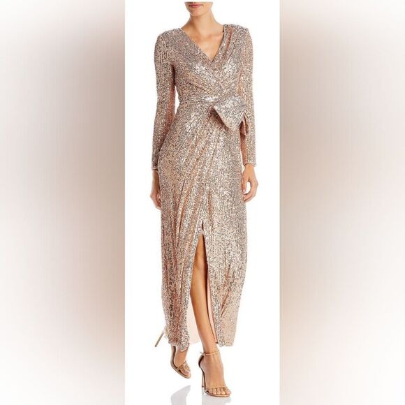 Eliza J Long Sleeve V-Neck Sequin Wrap Bow Gown NWT sz 10 Champagne - Picture 1 of 7
